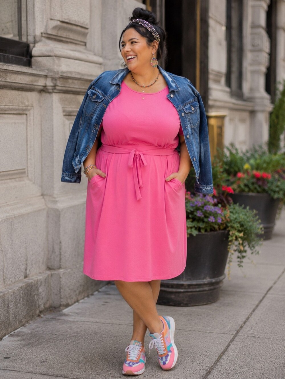 Zenana Plus Size 1x: Comfortable Pink Midi Dress with Waist Tie